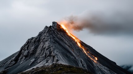 Volcano erupts with lava flowing down the slope under a dark sky filled with smoke and ash captured from above