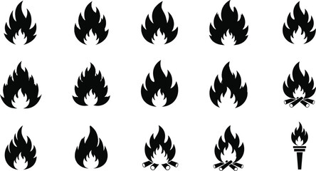 Dynamic collection of stylized black flame icons and diverse fire symbols, ideal for conveying concepts of heat, energy, danger, warmth, and destruction in graphic designs