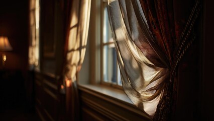 Fototapeta premium Sunlight streams through sheer curtains by a window, filling a softly lit room. Concept Soft Natural Light, Sunlit Sheer Curtains, Cozy Interior Glow, Calm Quiet Room, Diffused Window Light
