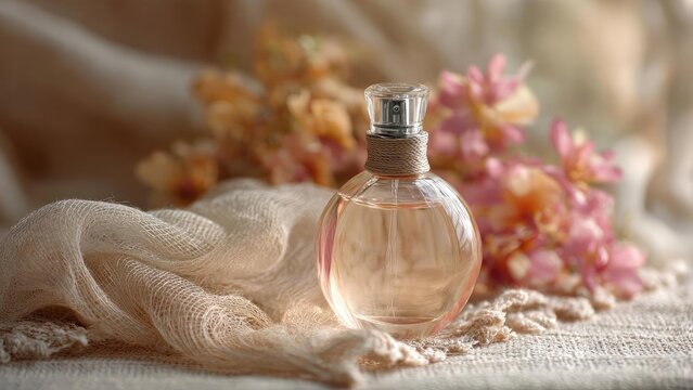 A round glass perfume bottle with a twine-wrapped neck sits on beige lace fabric, with pink flowers softly blurred in the background. Concept Perfume bottle still life, Twine neck detail