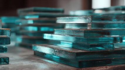 Teal glass sheets stacked in neat piles. Concept Teal Glass Sheets, Stacked Neatly, Industrial Texture, Reflective Surfaces, Color and Light