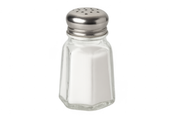 Salt shaker glass bottle containing white sodium seasoning