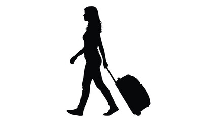 A silhouette of a woman walking with a rolling suitcase