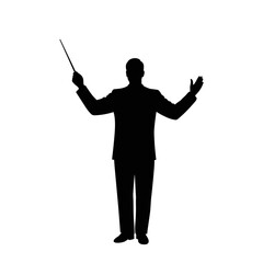 Conductor on stage, authoritative and commanding silhouette on a transparent background
