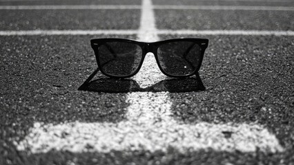 Black sunglasses lying on an asphalt road with a white lane stripe running beneath them. Concept Black sunglasses, Asphalt road, White lane stripe, Minimalist composition, Outdoor photography