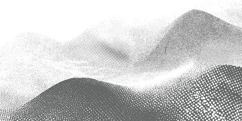 Abstract grey and white halftone dot pattern forming undulating landscape shapes dots