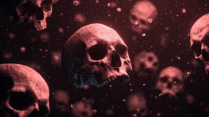 Skulls floating in dark space during a digital art creation on abstract themes