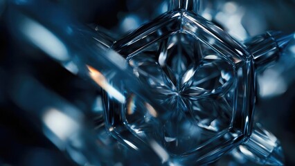 Close-up of a blue crystal with many facets, resembling a cut diamond. Concept Blue crystal close-up, Faceted gem with diamond-like facets, Sparkling blue gemstone, Prismatic light and reflections