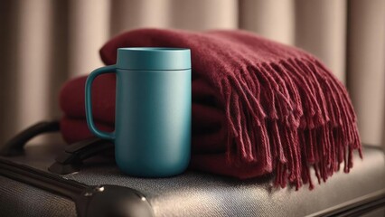 Teal insulated mug rests on a folded burgundy fringe blanket laid over a suitcase. Concept Teal insulated mug, Burgundy fringe blanket, Luggage setup, Cozy travel scene, Textured fabrics