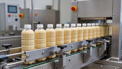 Automated mayonnaise filling process with identical plastic bottles moving on conveyor, filled with light beige sauce, highlighting mayonnaise production, packaging and food processing