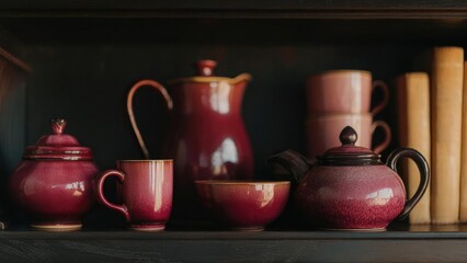 A collection of burgundy ceramic teapots, mugs and a bowl on a shelf, with vintage books in the background. Concept Burgundy ceramics on a shelf with vintage books