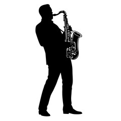 Virtuoso saxophonist performing, soulful and dynamic silhouette on a transparent background