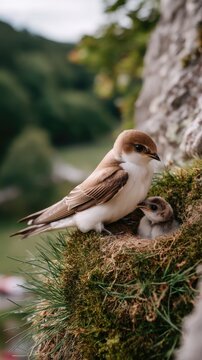 Bird feeds baby bird in nest in a tree, showcasing nature's feeding behavior in detail and providing insight into their daily activities