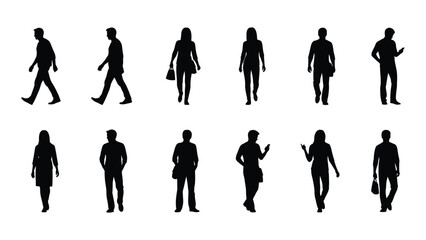 Diverse group of silhouetted people in various walking and standing poses