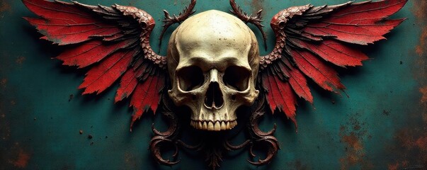 Grungy textured skull within a decaying heraldic crest, emblem, texture, graphic design