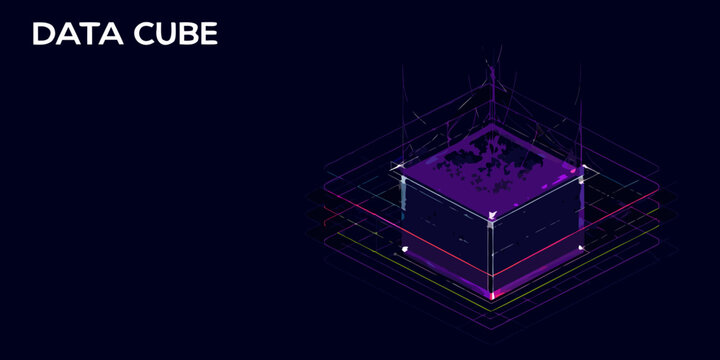 Abstract data cube visualization with glowing lines and purple geometric structure