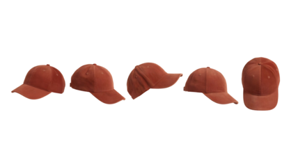Five brown corduroy baseball caps presented from multiple angles as stylish headwear items and fashion, isolated on transparent background