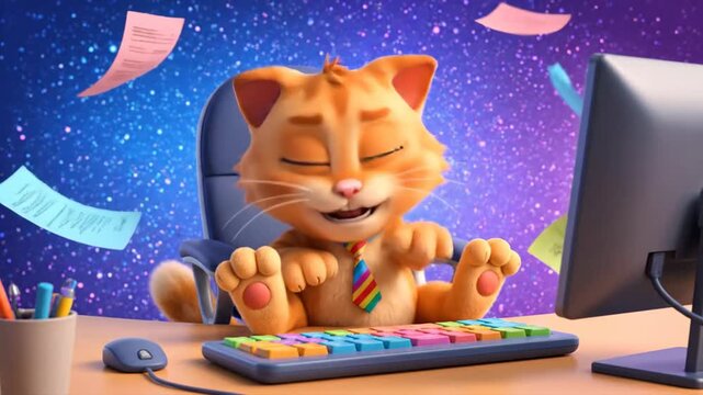 Happy animated cat working on computer with colorful keyboard and flying papers