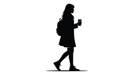 Silhouette of a young woman walking with a backpack and coffee cup