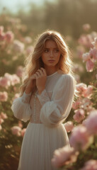 A young Caucasian woman with long blonde hair stands among pink roses. She wears a white dress and looks thoughtfully at the camera.