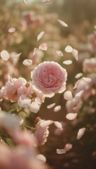 A close-up of a blooming pink rose surrounded by soft petals in a garden setting. The sunlight creates a warm, inviting atmosphere.