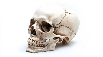 Human skull with cracked surface on white background