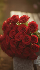 A bouquet of red roses arranged on a wooden surface. The roses are vibrant and fresh, showcasing their lush petals and green stems.