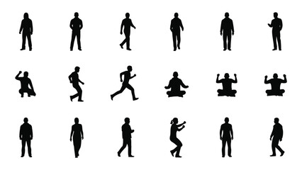 Silhouettes of people in various poses against a plain white background
