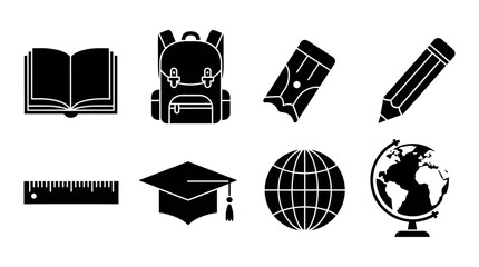 Education and school supplies collection featuring black silhouettes of an open book, backpack, fountain pen, pencil, ruler, graduation cap, and globes, ideal for academic concepts and