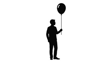 A silhouette of a person holding a black balloon against a white background