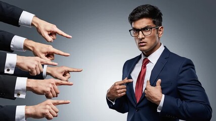 A stressed businessman stands confidently while being pointed at by multiple people in a video about office conflict and teamwork. - Powered by Adobe
