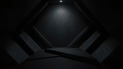 Obraz premium Dark interior space with geometric shapes and lighting. Modern architecture and design. Abstract structure and minimalist style.