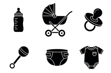 Essential baby items collection featuring a feeding bottle, stroller, pacifier, rattle, diaper, and bodysuit, useful for baby product marketing, parenting blogs, and nursery graphics