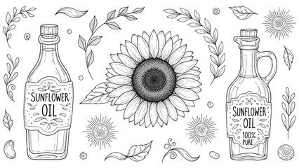 Hand drawn outline of sunflower oil bottles with a large blooming sunflower and various botanical decorations, ideal for food packaging, cooking blogs, natural product labels, or