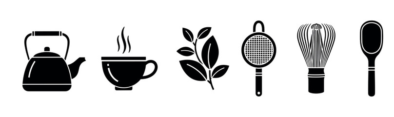 Essential tea preparation and serving tools depicted as silhouettes, perfect for beverage industry applications, cafe menus, and product packaging designs.