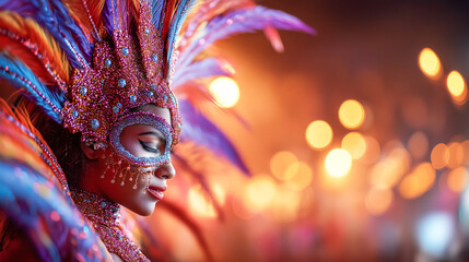 Portrait of a girl in a traditional carnival costume with colorful feathers on her head against a festive background, symbolizing celebration, mystery, culture and the atmosphere of the festival.