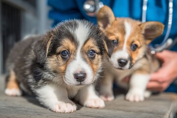 Vet examines puppy while it stands on a table Generative AI
