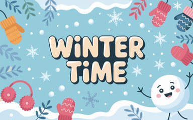 Charming Winter Time Background with Snowball Wearing Earmuffs and Colorful Mittens