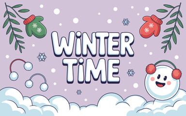 Playful Winter Time Illustration with Happy Snowball Character, Mittens and Earmuffs