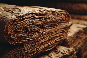 Layered dried tobacco is stored, showcasing its texture Generative AI
