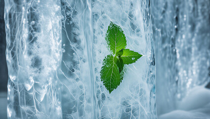 fresh mint leaves in the ice green leaves in water