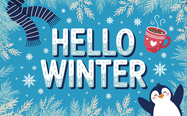 Hello Winter Greeting Card with Cute Penguin, Hot Cocoa Mug and Snowy Pine Branches