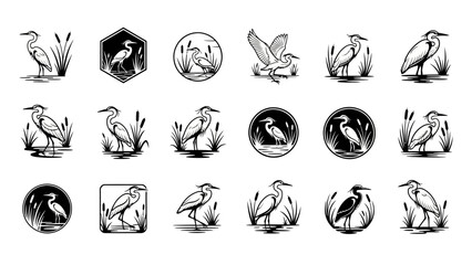 Obraz premium Collection of heron illustrations in various poses and settings