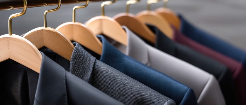 Close up view of mens suits hanging on a rack with focus on buttons in a store setting showcasing formal wear in a shopping environment