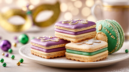 Festive traditional festival cookies are decorated in carnival colors against a backdrop of masks and confetti.
