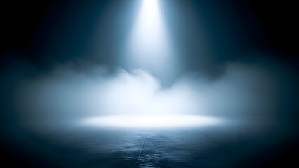 Mysterious light beam shining through dark foggy atmosphere