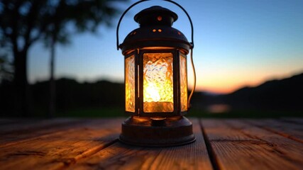 A warm and cozy lantern sits on a wooden table at dusk with a beautiful sunset in the background in this serene outdoor video scene.