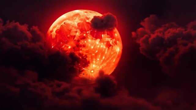 Glowing red moon surrounded by dark clouds in a dramatic night sky. Captivating celestial scene evoking mystery and wonder