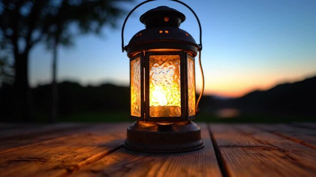 A warm and cozy lantern sits on a wooden table at dusk with a beautiful sunset in the background in this serene outdoor video scene.