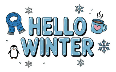 Simple Hello Winter Design with Penguin, Blue Scarf and Steaming Cup of Hot Coffee